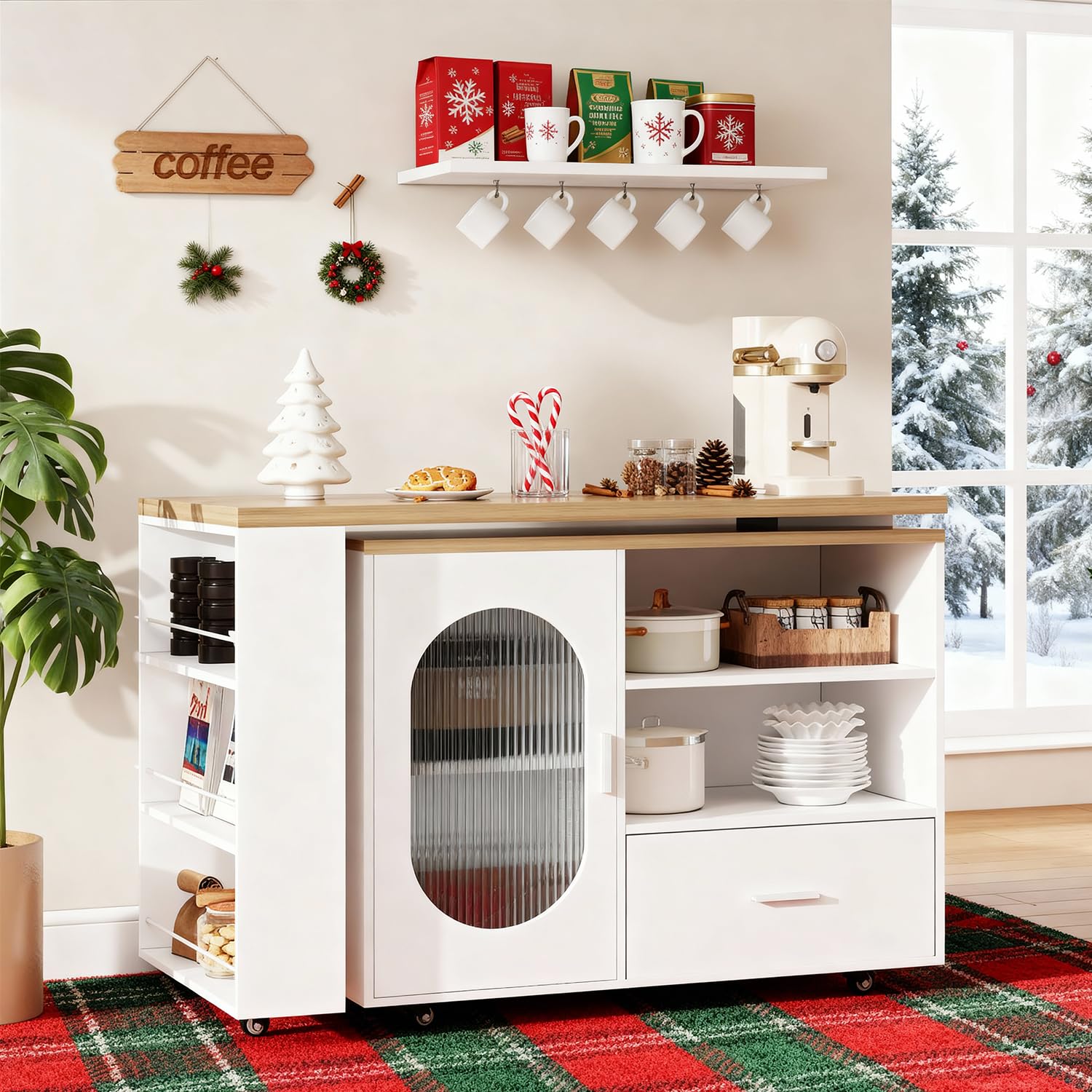 IBF Kücheninsel Freistehend mit Arbeitsplatte Auf 7 Rollen Küchenschrank Küchenwagen Moderne Mobile Kücheninsel Mit 360 Grad Drehbarer Holzplatte und Schublade Für Esszimmer Weiß 184 cm 2