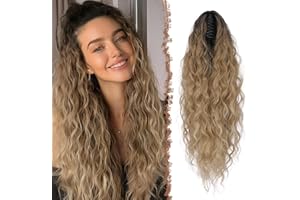 FESHFEN Claw Clip Ponytail Extensions, Long Pony Tail Hair Piece Wavy Curly Synthetic Hairpieces for Women, Ombre Brown Mix B