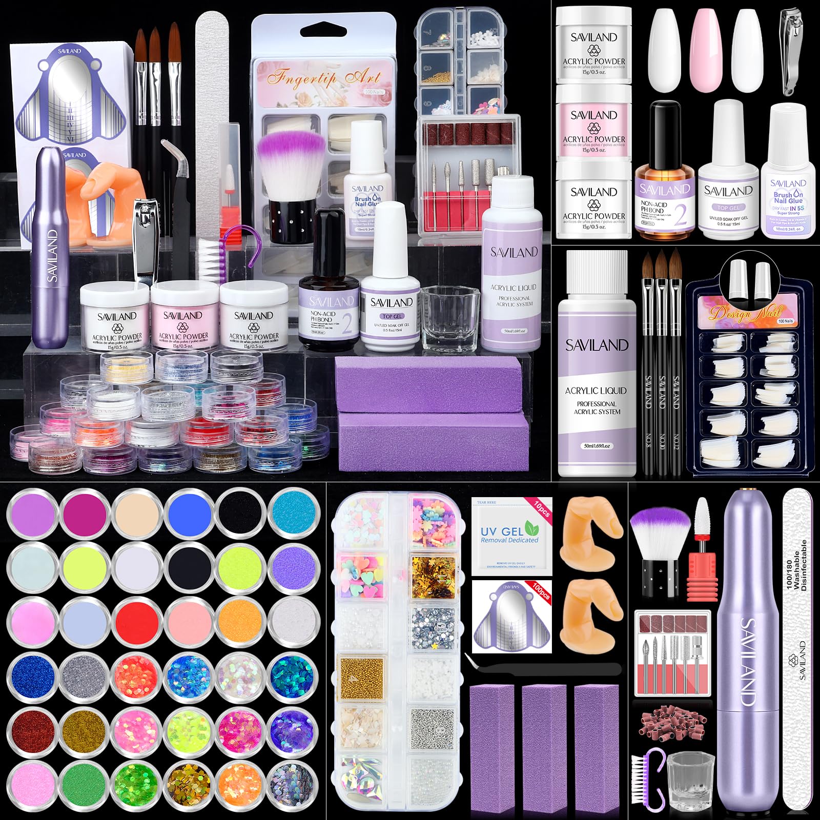 SAVILAND Acrylic Nail Kit Full Set for Beginners: Powder, Monomer, Drill, Primer, Top Gel Polish, Brush, Tools, 100 Tips - Practice Home Starter Set