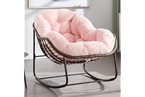 HOMEFUN Outdoor Patio Rocking Chairs, Oversized Papasan Rock Chair Indoor with Striped Velvet Padded Cushion - Rocker Egg Seat for Front Porch, Garden, Patio, Backyard Pink