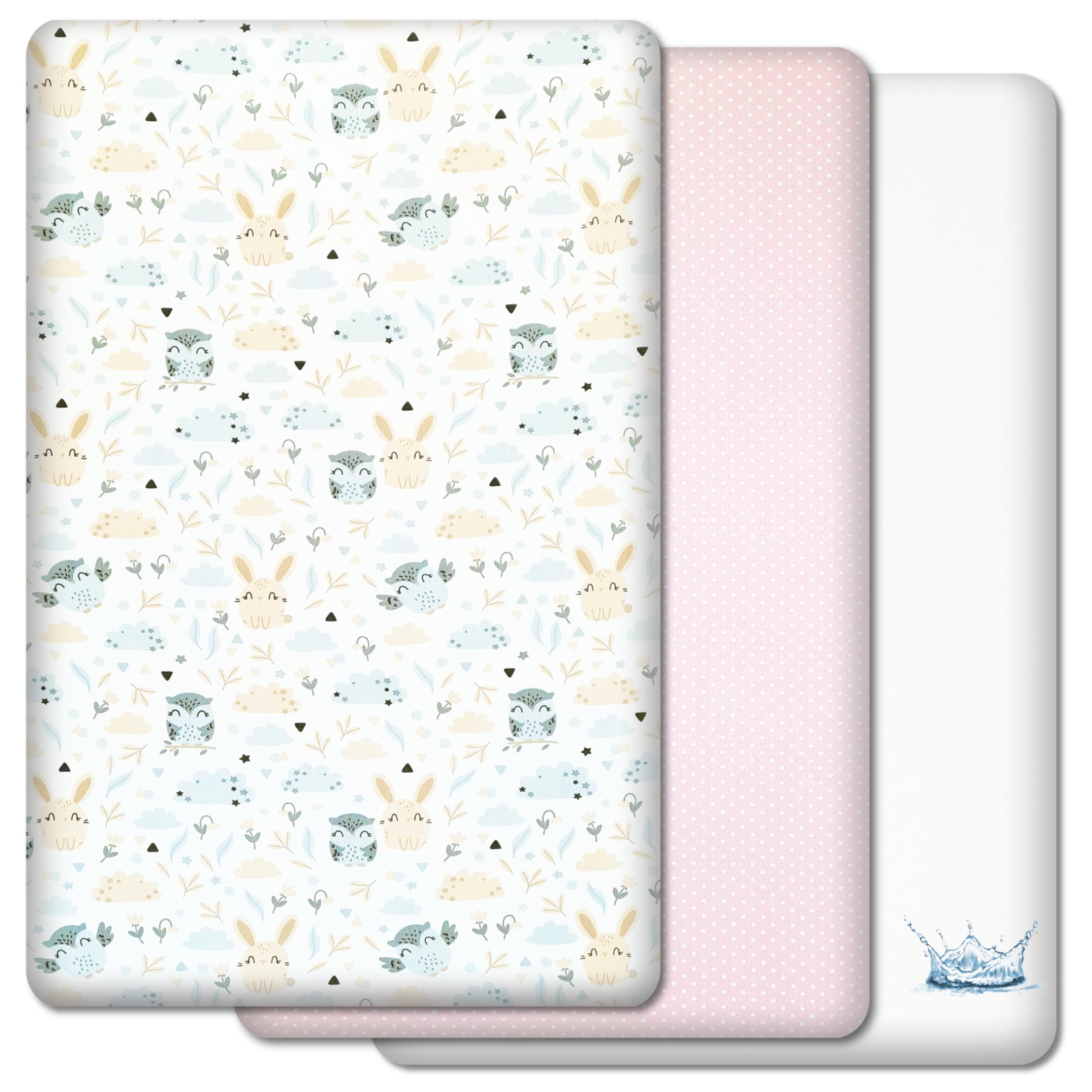 Travel Cot Sheets 95x65cm Fitted - 3 pcs Set - 2 Fitted Cotton Sheets and 1 Waterproof Mattress Protector to fit Travel Cots & Bedside Cribs up to 95 x 65 cm - 100% Natural Cotton - Made in Europe