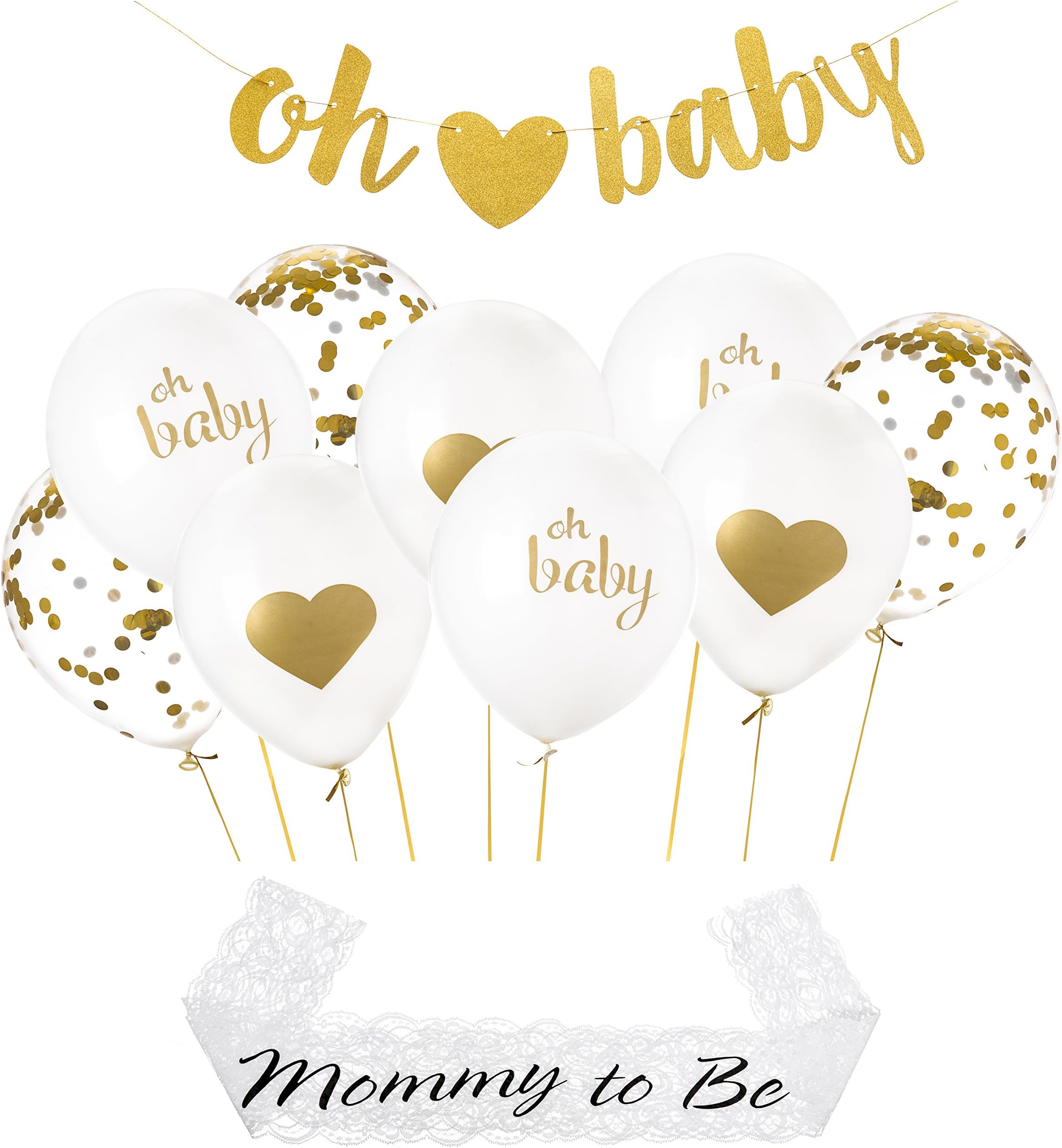 Gold Baby Shower Party Decorations - Cute Confetti Balloons, Ribbons & Oh Baby Glitter Banner - Babyshower, Gender Reveal Decoration Supplies for Boy or Girl