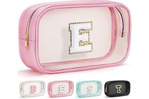 YOOLIFE Initial Make Up Bag Travel Toiletry Bag, Clear Makeup Bag Preppy Cosmetic Bags Organizer Travel Essentials Pink Gifts for Women Teen Girlfriend Teacher Mom Birthday Mothers Day Gifts E