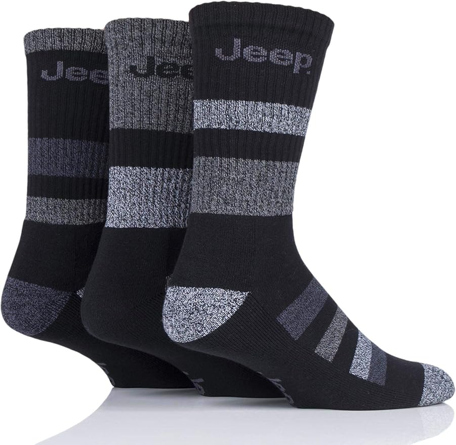 Mens 3 Pair Jeep Cotton Striped Chunky Boot Socks (611, Black/Charcoal