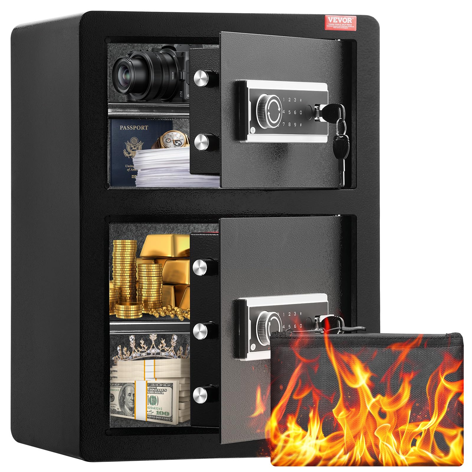 Photo 1 of ***Missing Keys and manual ***
VEVOR Double Doors 3.5 cu.ft Safe Box with Key Lock & Password, Safe Lock Box with Fireproof Bag, Key Rack, LED Light and 2 Height Adjustable and Removable Divider for Money, Documents, Jewelry and Va