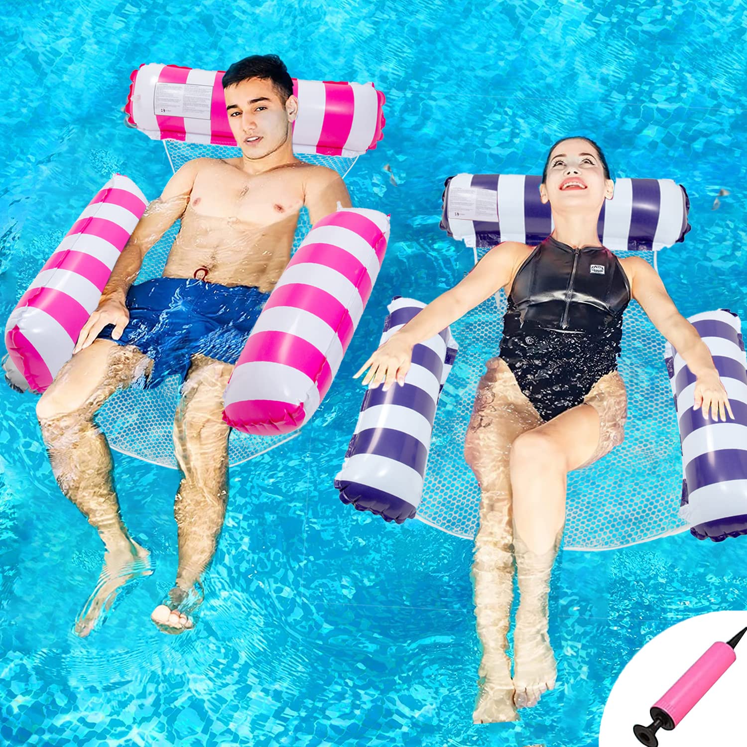 SHENGMEI Large Pool Inflatable Chair 2 Pack, Inflatable Pool Floats for Adults Kids Swimming Pool, Hammock Floating with Bottom Mesh, Inflatable Pool Bed Water Lounge Party Toys (dark blue + red)