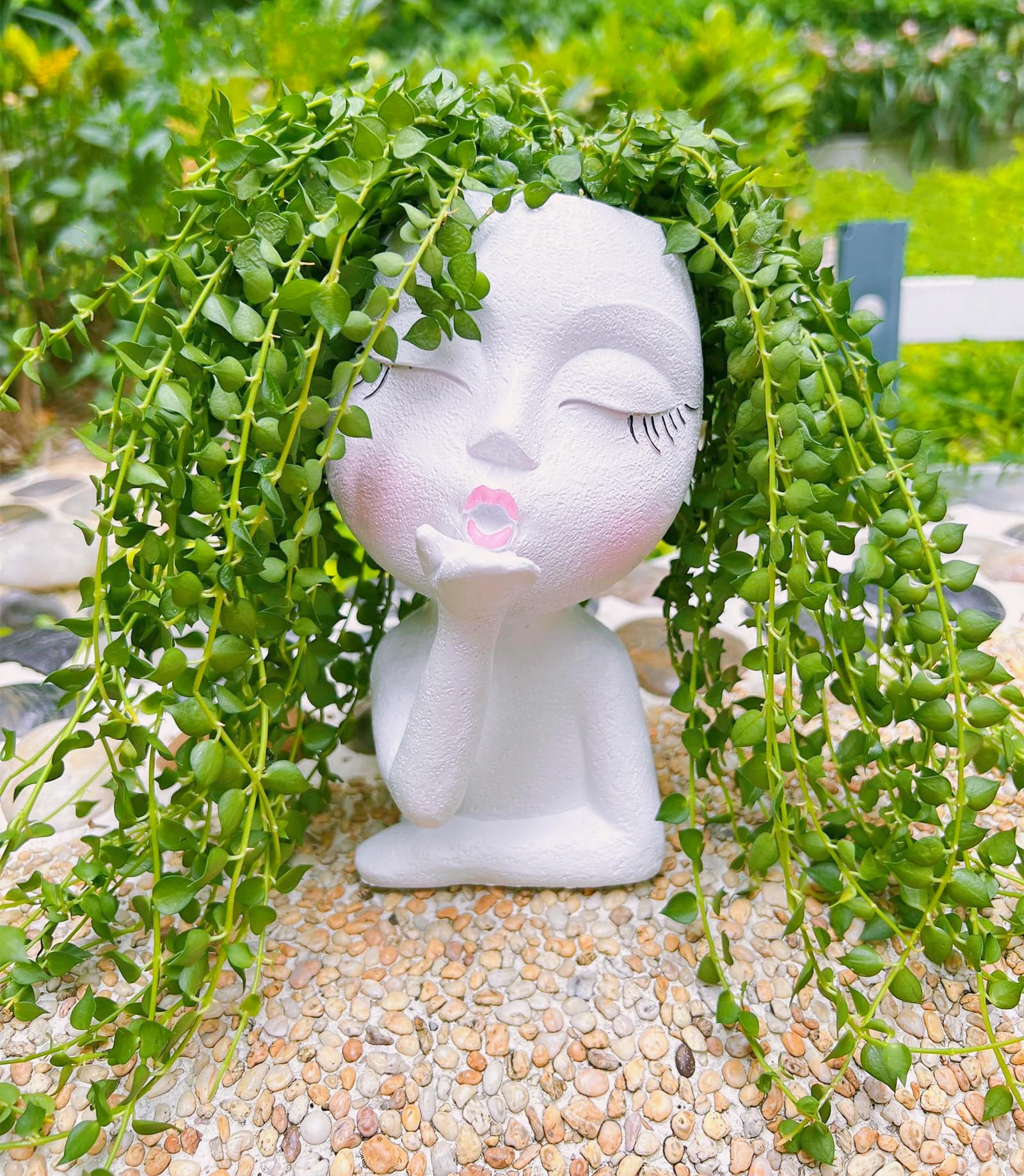 Photo 1 of **ONLY THE VASE IS INCLUDED** EylbKey Handmade Face Flower Pots Standing Air Kiss Head Planter Pot for Trailing Plants Cute Succulent Planter Resin Planters Funny Face Planters with Anti-Friction Pads White 1Pack