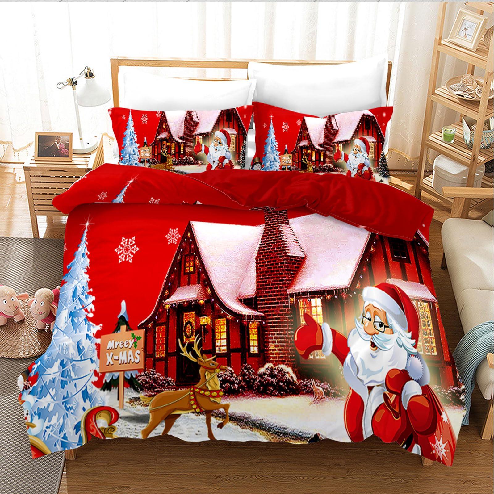 UGZDEA Christmas Bedding Set 135x200cm, 3D Christma Bedding Set With 2 Pillowcases, Father Christmas, Christma Tree, Deer, For Kids Teenagers (D, 135x200cm)