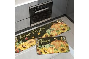 APROPHIC Autumn Kitchen Mats for Floor Buffalo Plaid Kitchen Rug Pumpkin Sunflower Absorbent Non-Slip Runner Rug for Festive Decor, Cushioned Standing,17x24 + 17x41 in