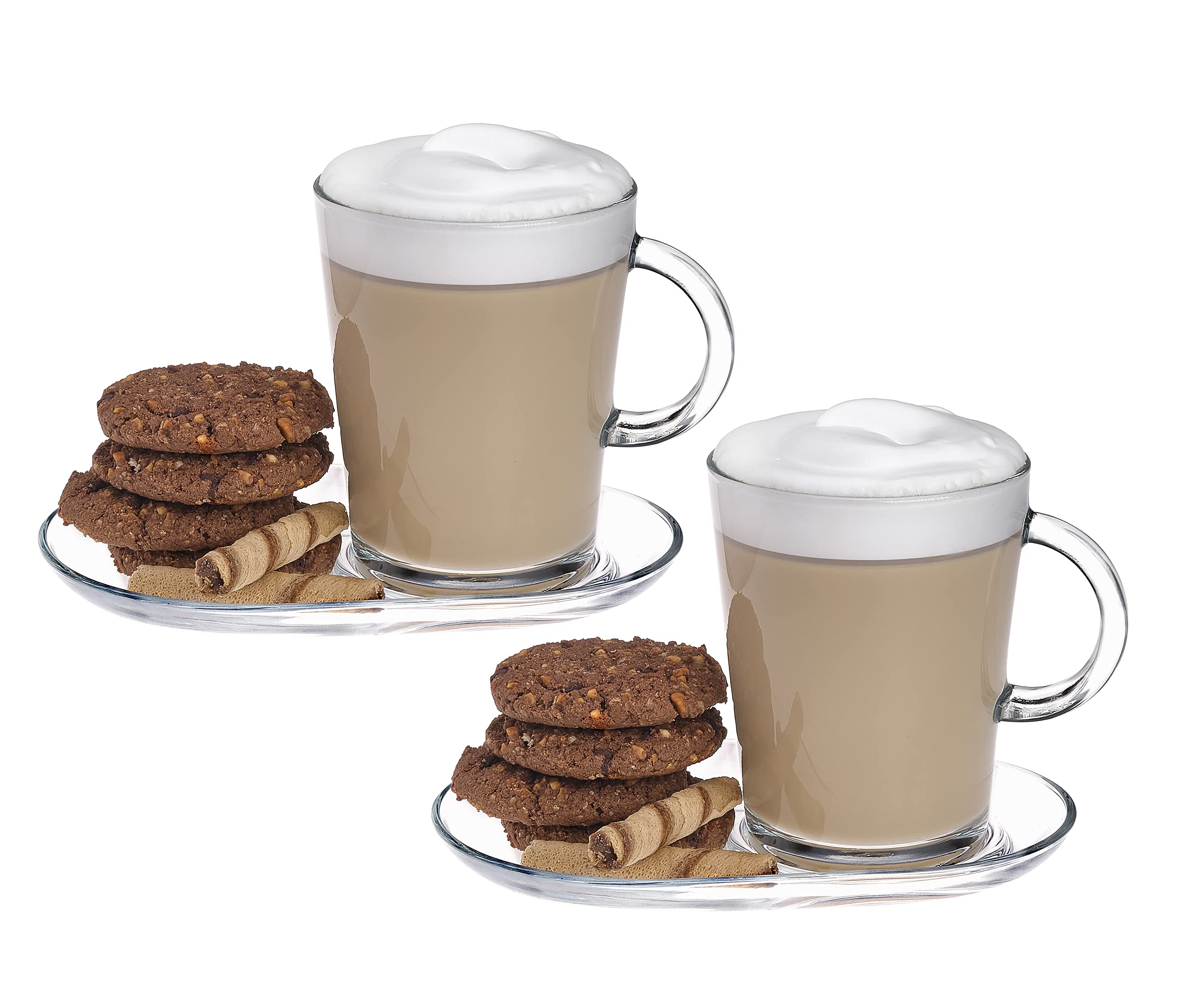 DESTALYA Coffee Mugs with Handles and Saucers Set, Clear Glass Handled Cups for Hot Beverages Cold Drinks, Tea Espresso Cappuccino Hot Chocolate