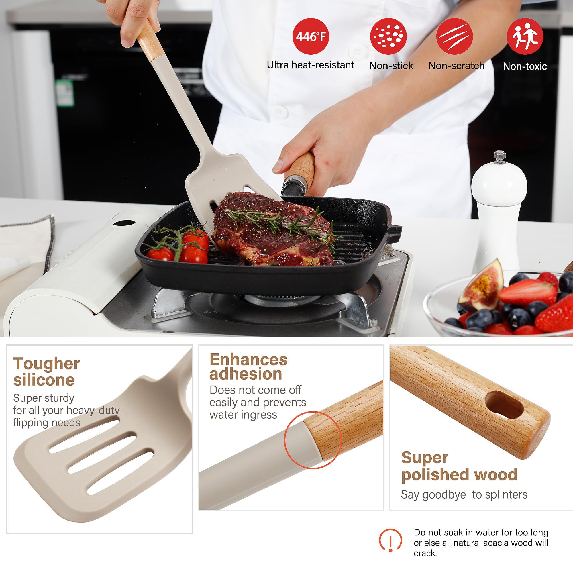 Kitchen Utensils Set, Large Non-stick Silicone Cooking Utensils Set 6 Pcs, Wooden Handle Heat Resistance Silicone Spatula Soup Ladle Pasta Server Kitchen Gadgets Utensils Set BPA Free (Khaki)