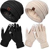 Jeere 4 Pcs Winter Hat and Gloves for Women Fleece Lined Knit Beanie Touchscreen Gloves Warm Skull Hat Set for Cold Weather(Black, Beige)