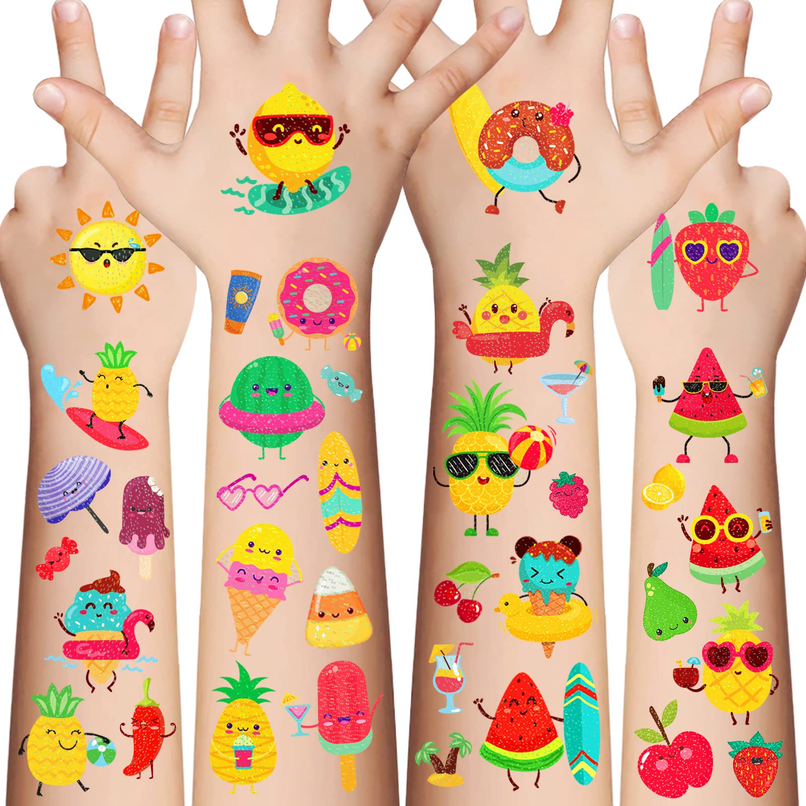 120Pcs Fruit Vegetables Temporary Tattoos for Kids- 10 Sheet Glitter styles Fake Tattoo Stickers，Apples Bananas Pears Face Makeup Tattoos for Girls and Boys，Holiday Party Favors Supplies Accessories