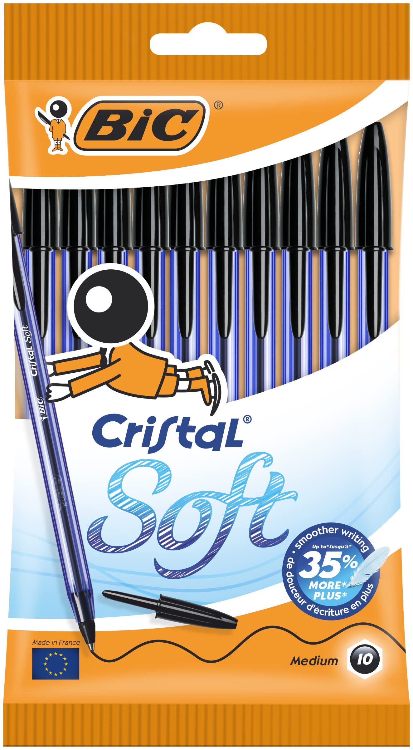 BIC Cristal Soft Ball Pens - Pack of 10 - Black Colour - Medium Point (1.2 mm) - Smooth Writing and Long-Lasting Ink