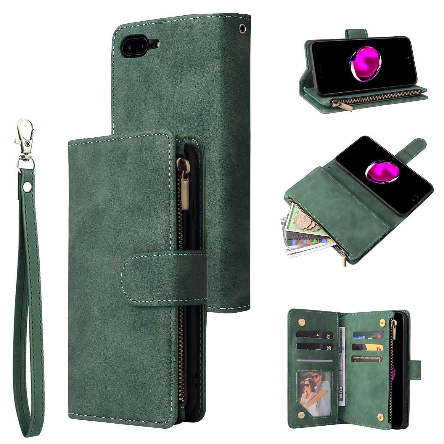 UEEBAI Wallet Case for iPhone 7 Plus iPhone 8 Plus, Premium Vintage PU Leather Magnetic Closure Handbag Zipper Pocket Case Kickstand Card Holder Slots Wrist Strap TPU Shockproof Flip Cover -Dark Green