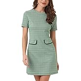 Allegra K Work Dress for Women Short Sleeve Vintage Houndstooth Above The Knee Dress