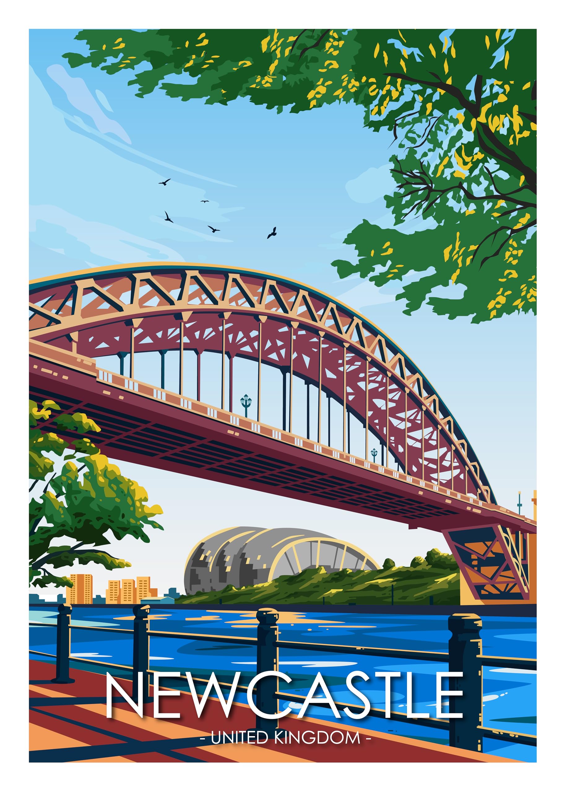 Hewson's Gifts UK Travel Print UK Cities and Shires, Handmade Print Of The Beautiful Places of United Kingdom, UK Artwork Wall Art Poster For New Home Kitchen Print (Newcastle, A4 Unframed Print)