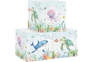 HUUMONSS 11.8" Marine Animals Cube Storage Organizer Set 3Pcs Ocean Sharks Turtles Cube Storage Bin for Bathroom/Bedroom Kid Book Toy Chest, Jellyfish