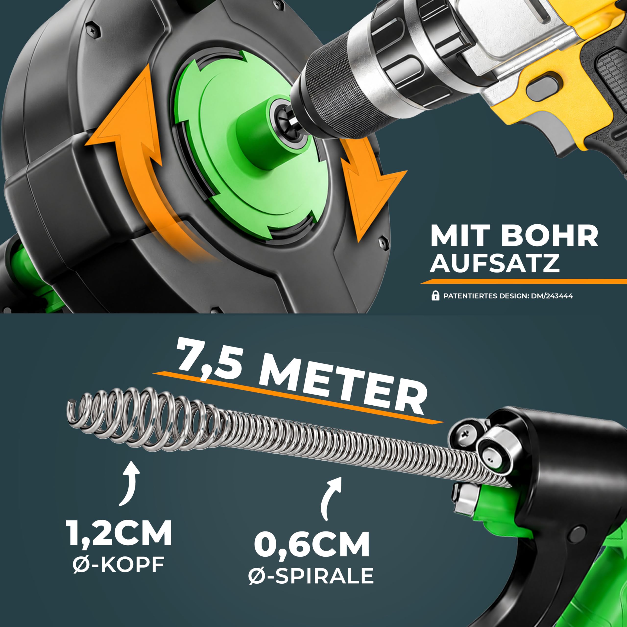 MEISTERFKTUR Rohrreinigungsspirale [7,5M] - Automatische Zuführung - Ideale Abflussspirale für eine umweltfreundliche Rohrreinigung - Stabile Rohrspirale für echte Heimwerker! (7,5M - 0,64CM) 4