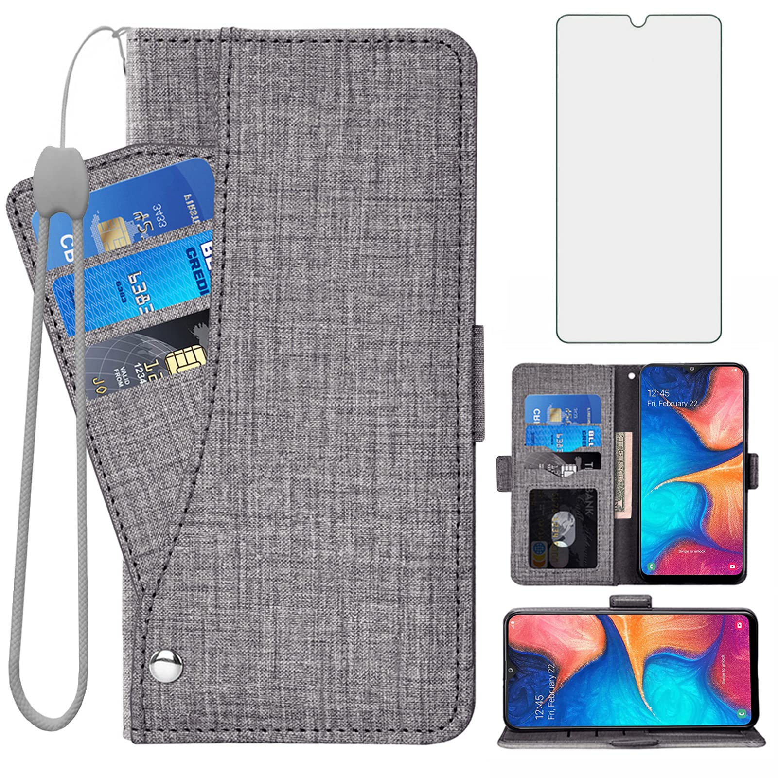 Asuwish Compatible with Samsung Galaxy A20 A30 Wallet Case Tempered Glass Screen Protector and Flip Cover Card Holder Stand Cell Phone Cases for Glaxay M10s A 20 30 Gaxaly 20A SM A205G Women Men Black