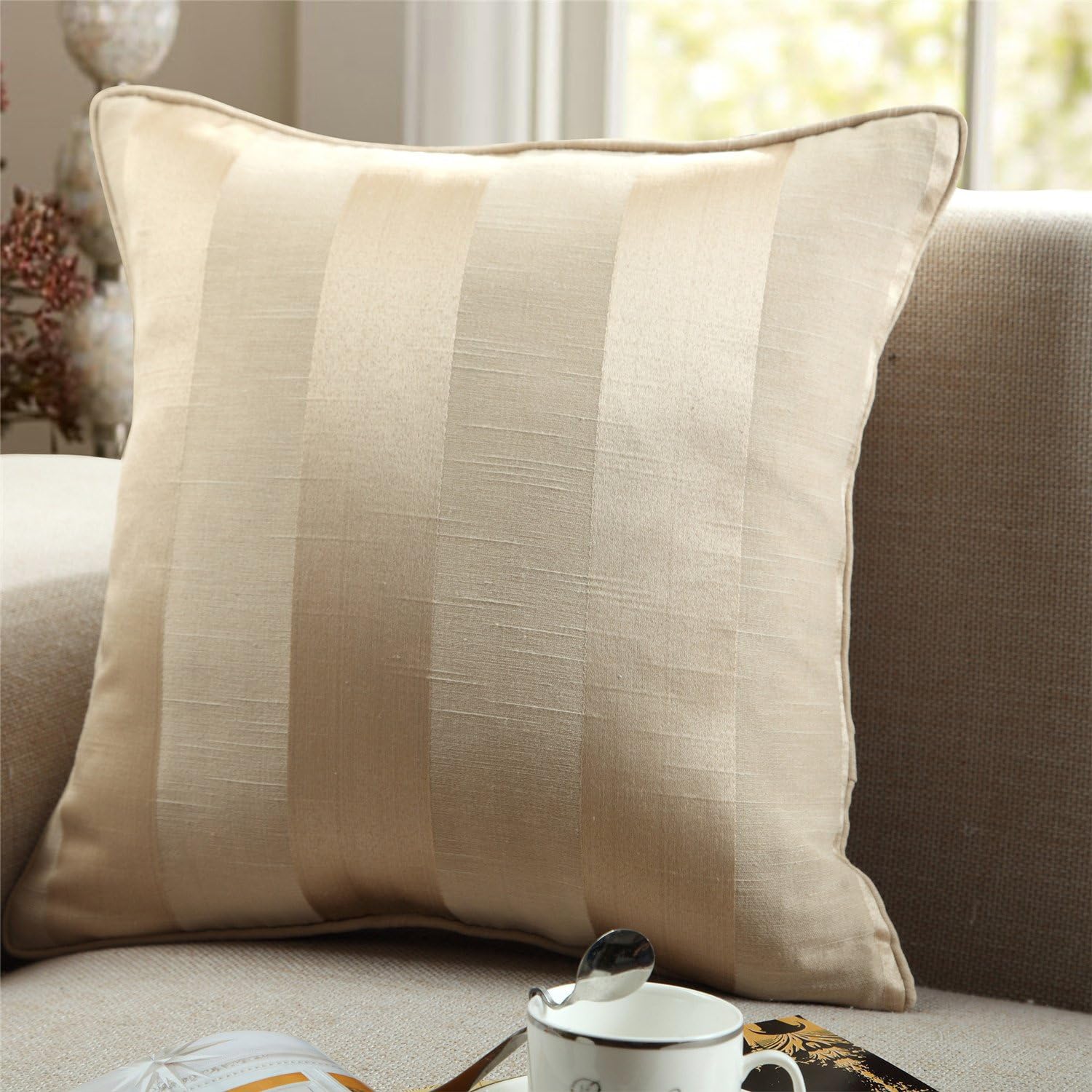 GyroHome Pack of 2 Cotton Jacquard Strips Cushion Covers Three Colors (60 x 60, Gold)