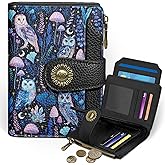 Icycay Owl Small Wallet Women RFID Blocking Bifold, Credit Card Holder, Zipper Coin Pocket, PU Leather, Magic, Compact, Travel, 4 ID Window, 14 Card Slots, Cash Purse, Ladies Woman Female Girls