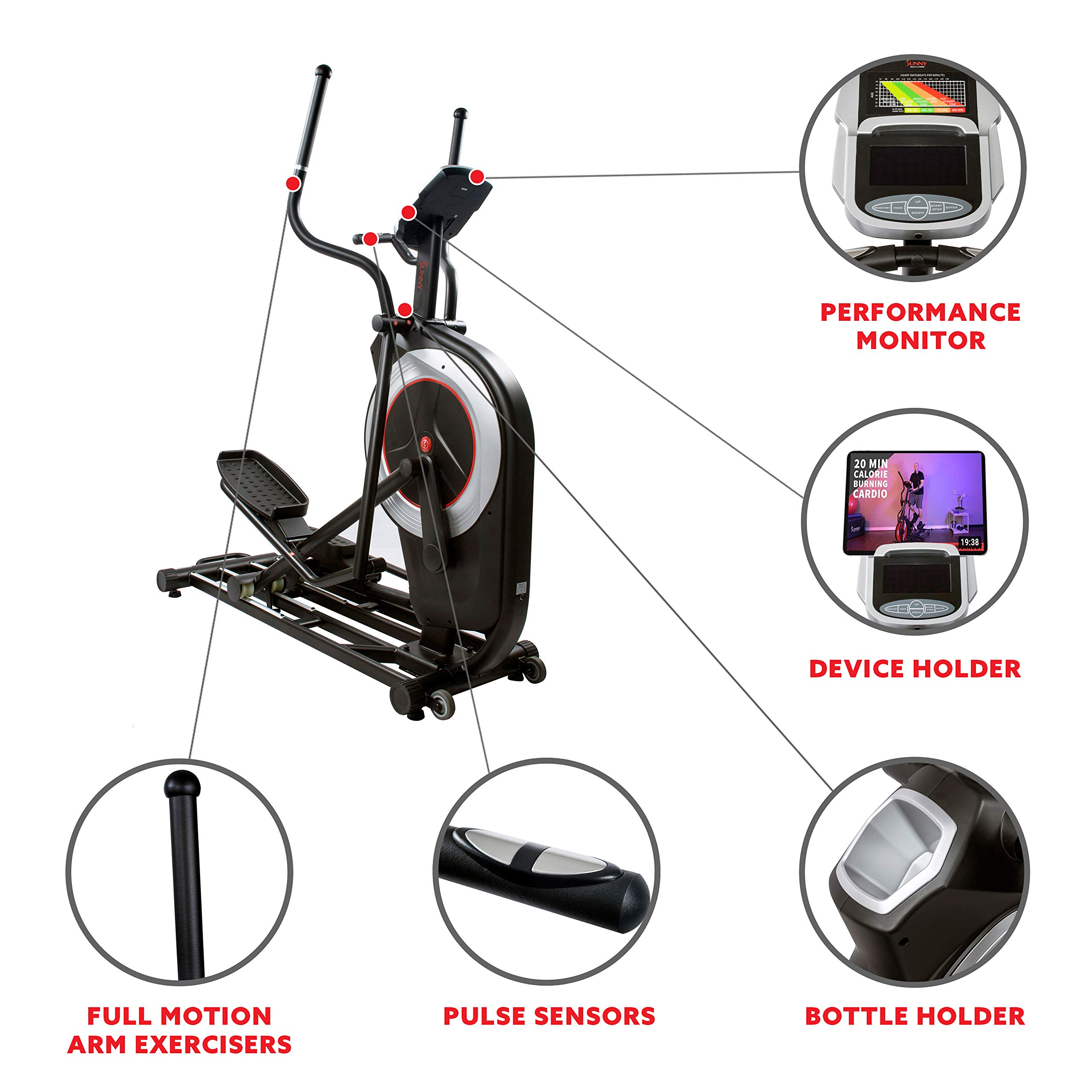 Sunny Health & Fitness Elliptical Trainer Machine w/Built-in Pulse Sensor, Low Impact Cardio Exerciser & Full-Body Cross Training for Home, Optional Free SunnyFit App Link & Electric w/300LB Load