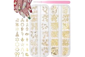 TATIWOO Christmas Nails Charms, Snowflake Bows Nail Art Rivets Studs, Gold 3D Alloy Christmas Nail Charms, Gold Reindeer Snowflake Claus Nails Art Charms for Christmas Nail DIY Craft Accessories Supplies