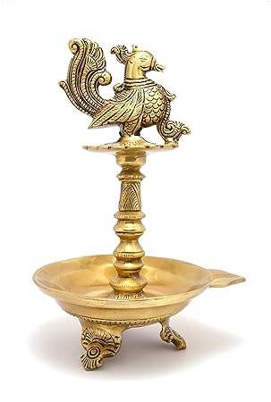 Two Moustaches Brass Peacock Design Oil Diya with Base (Golden, Pack of 1)