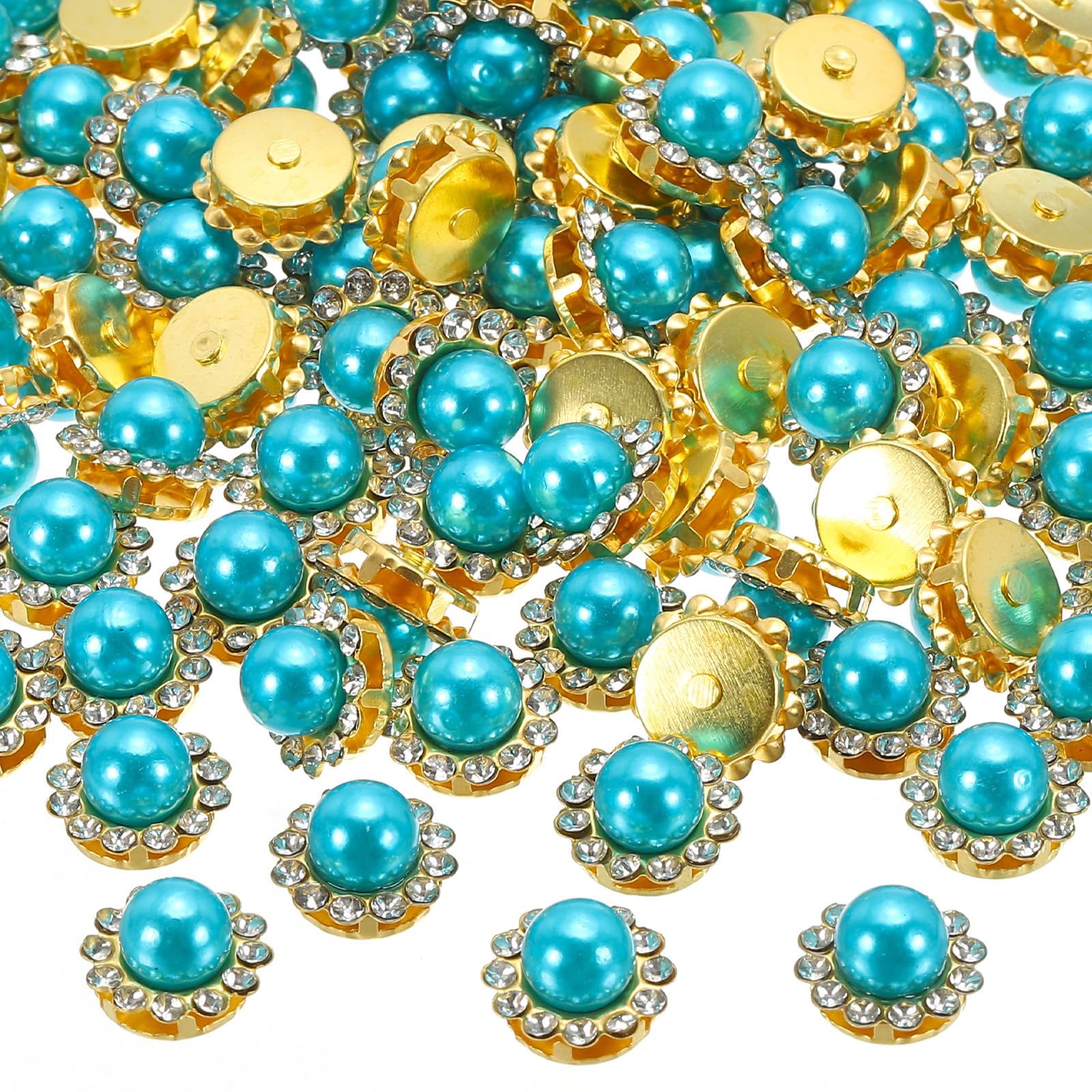 PATIKIL 12 mm Flower Claw Sew on Pearls Rhinestones,100Pcs Crystals Gold Shiny Flatback Base Pearls Rhinestones for DIY Crafts Shoes Dress Clothes Earring Belt Sewing Decoration Lake Blue