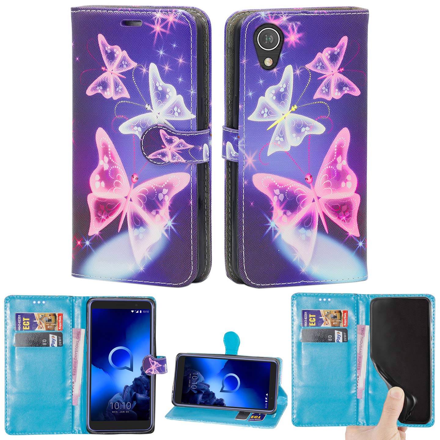 Mobile Stuff Alcatel 1 (5033X) Case, Leather Case Flip Folio Book Case Wallet Cover with Magnetic Closure & Kick Stand For Alcatel 1 (Butterfly Blue)