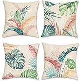 Bonhause Tropical Leaves Throw Pillow Covers 18 x 18 Inch Set of 4 Pink Green Palm Leaf Polyester Linen Decorative Pillow Cases for Couch Sofa Bed Home Garden Outdoor Décor