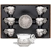 Alisveristime Turkish Coffee Cup Set, White Porcelain and Zinc Metal with Turkish Motifs, 6 Cups and Saucers (Silver)