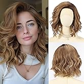 starluck Side Part Wavy Wig Ombre Brown Layered Lace Front Bob Wig 14 Inch Shoulder Length Heat Resistant Synthetic Wig for White Women