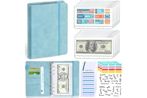 LINTRU Budget Binder with Zipper Envelopes, Budget Book with Cash Envelopes, Premium Pu Leather A6 Binder with Expense Budget Sheets and Stickers, Savings Binder for Budgeting (Cameo Blue)