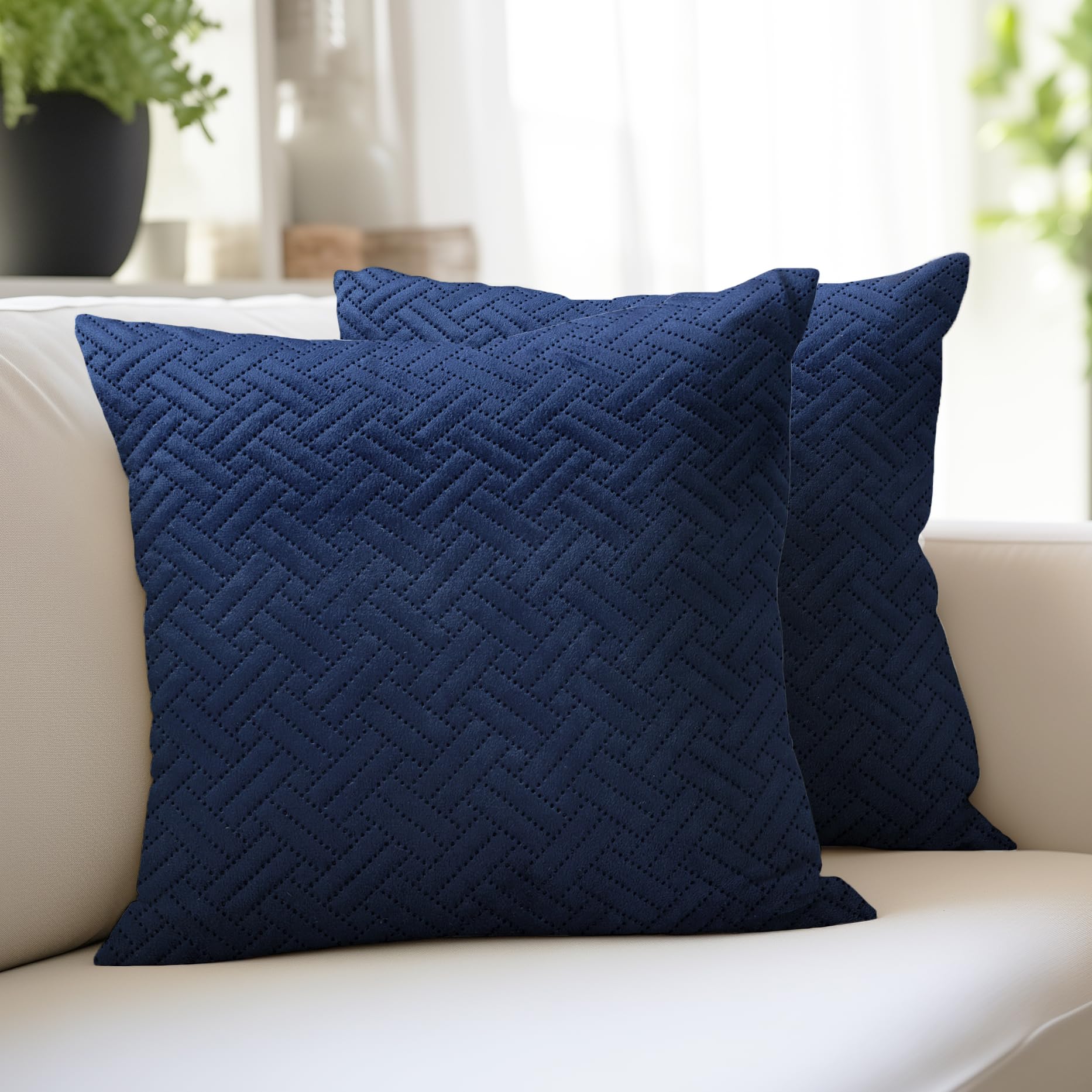 Encasa XO Cushion Covers 40x40 cm Set of 2 | Solid Color Quilted Velvet Sofa Cushion Covers | only Covers No Insert | Both Side Quilted Fabric | Navy Blue | Decorative Pillow Covers For Home