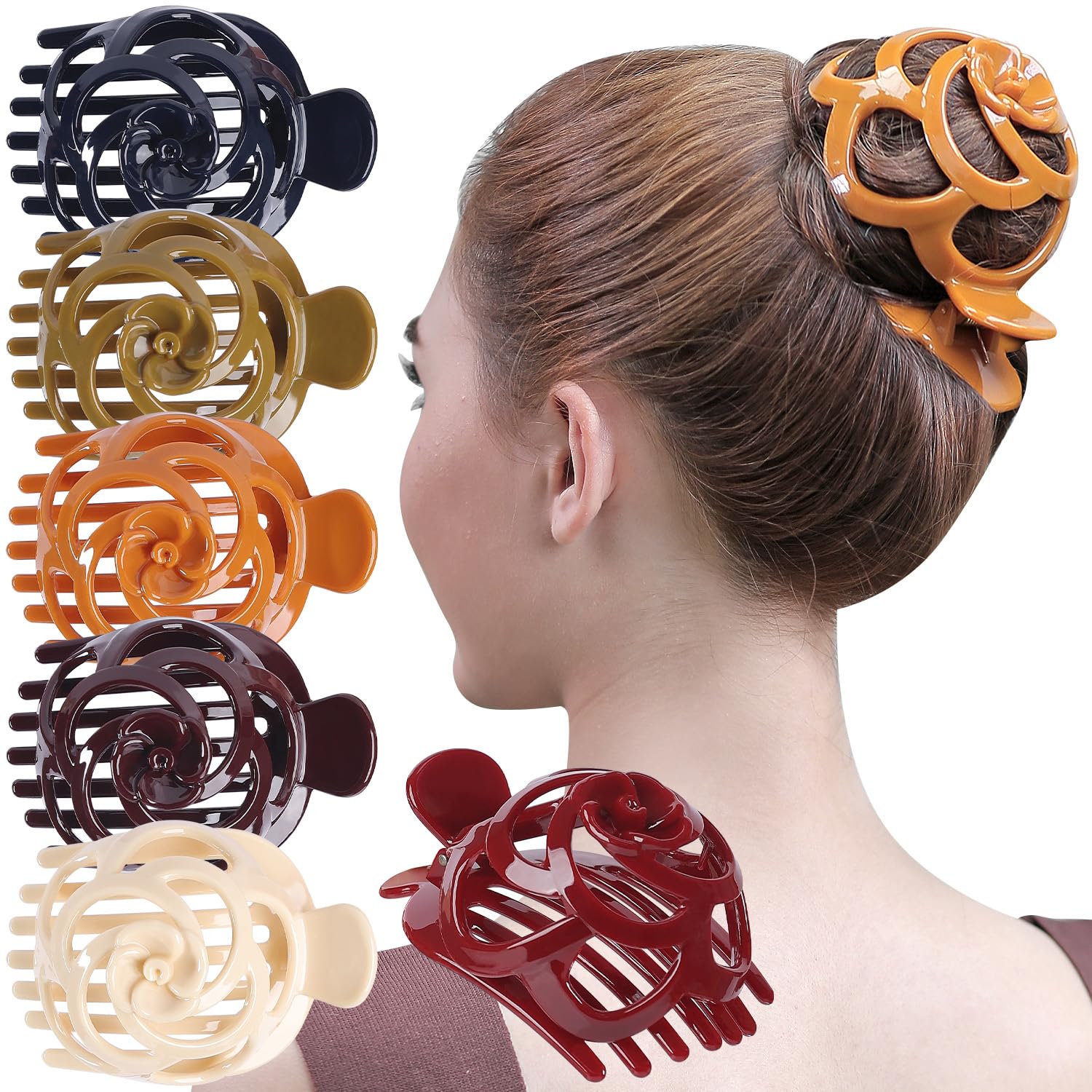 RC ROCHE 6 Pcs Hair Bun Maker Clip for Women Updo Holder Ballet French Claws Bird Nest Pieces Tools Accessories Plastic Shell Round Dome, Large Classic Multicolor