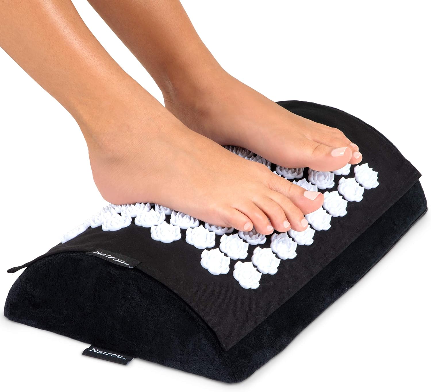 Under desk Footrest with acupressure foot massage mat. Luxury ergonomic foot rest. Use at home, office, gaming, travel, work. Enjoy the foot stool that rocks with accupressure relief on feet and back.