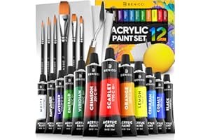 BENICCI Complete Acrylic Paint Set – 12х Rich Pigment Colors & 6x Art Brushes - Includes 3 Paint Canvases, Palette Knife & Sponge - Perfect for Canvas, Clay, Ceramic - Non-Toxic, Great for Kids & Adults