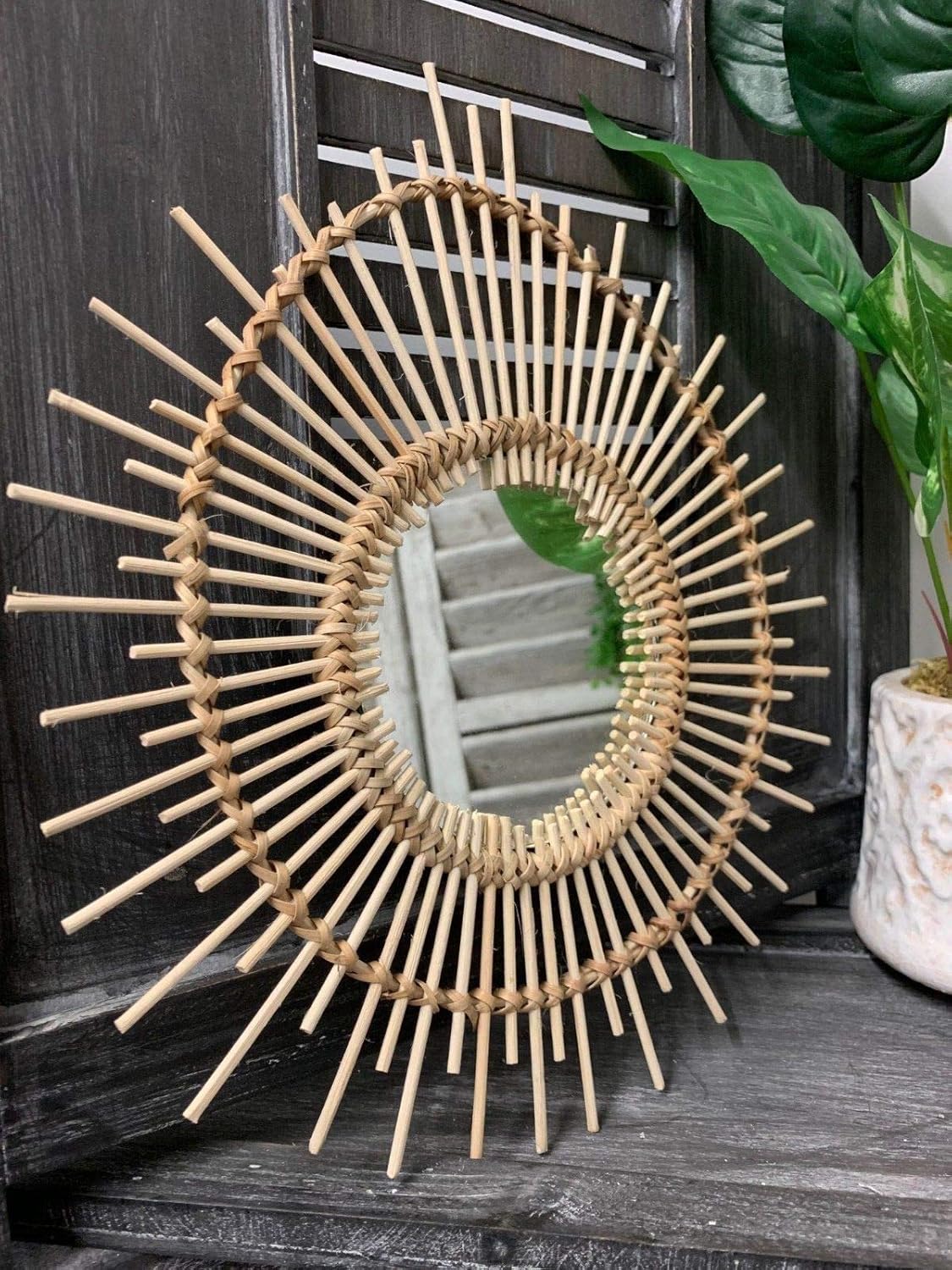 Small Rattan Wooden Mirror Retro Cane Sunburst Eye Wall Hanging Vintage