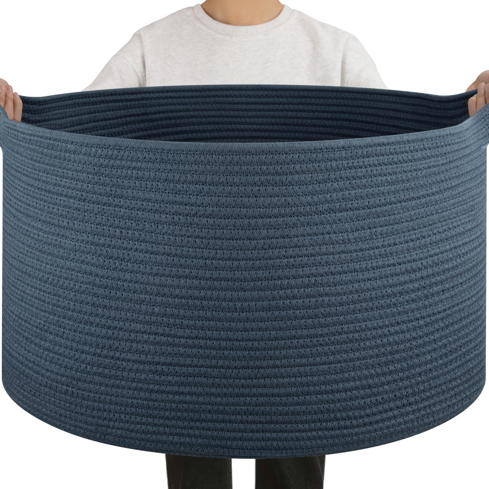 Photo 1 of OIAHOMY 90L Large Blanket Basket with Handle, Blanket Storage for Living Room 23" x 23" x 13", Laundry Basket for Blankets, Pillows, Large Woven Rope Baskets for Kids, Dogs Toys - Blue