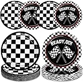 WNINK 48 PCS Race Car Themed Disposable Plates Black and White Checkered Dessert Plates Round Checkered Flag Party Paper Plates for Race Car Birthday Baby Shower Outdoors Picnic Party Supplies