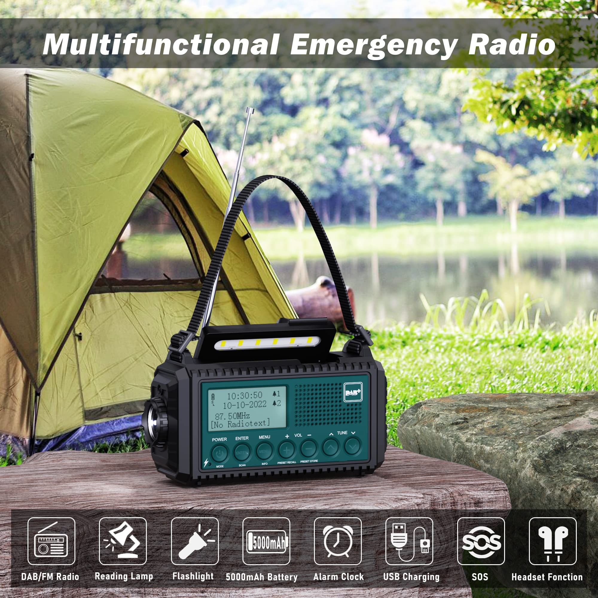 Kurbelradio DAB+/DAB/UKW mit 5000mAh Akku Wiederaufladbare, Notfallradio mit Taschenlampe & Leselicht, Tragbare Camping Radio mit USB Handyladefunktion FM Dynamo, SOS-Alarm für Wandern, Outdoor 3