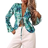 ZAFUL Women's Deep V Neck Tie Front Top Flare Sleeve Plisse Pleated Blouse Shirt Top Y2k Vintage Streetwear