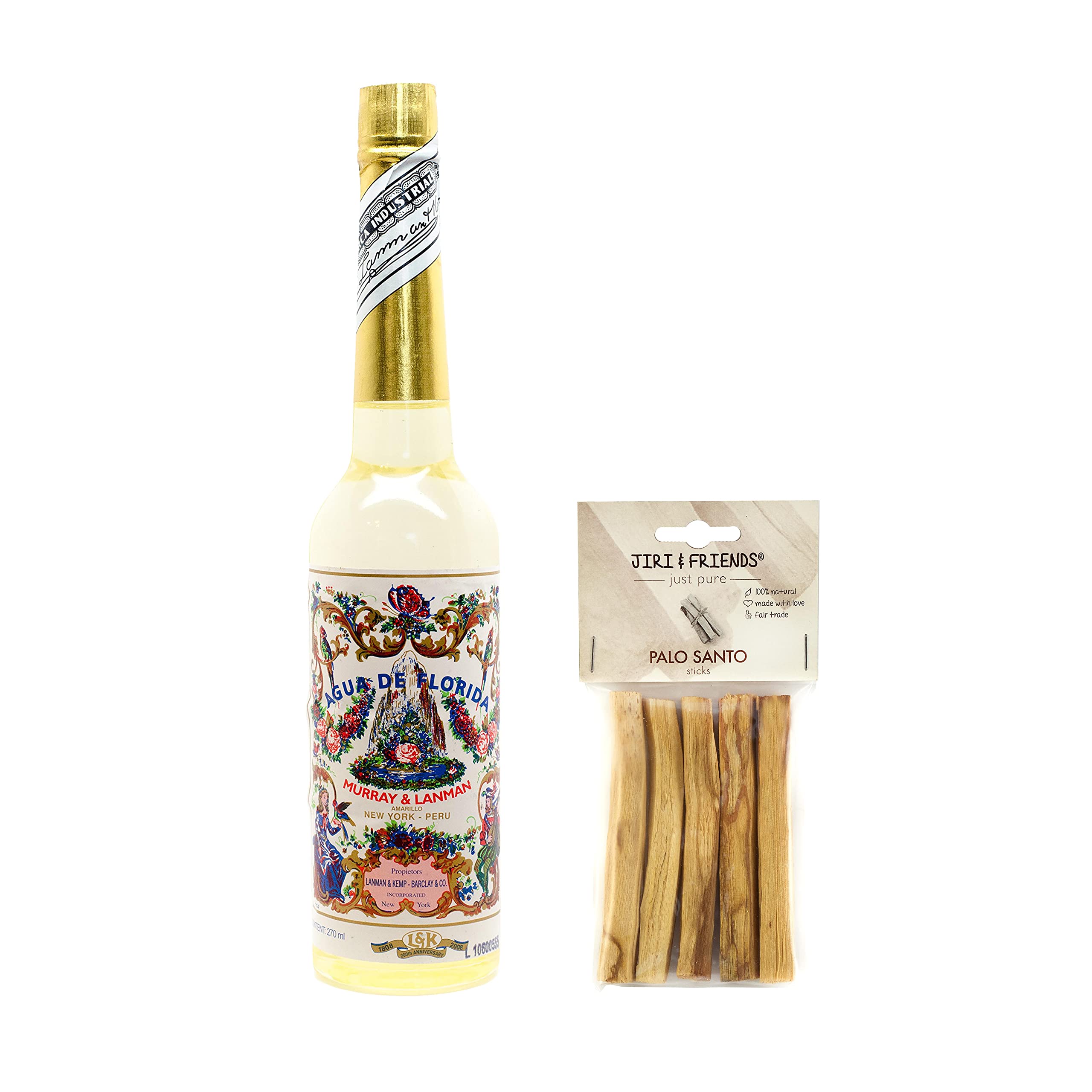Jiri & Friends 1 Pack Palo Santo Sticks (25 gram) Natural Incense and Agua de Florida | Florida Water 270 ml - Sjaman Cleansing Spirit Water | 100% Natural