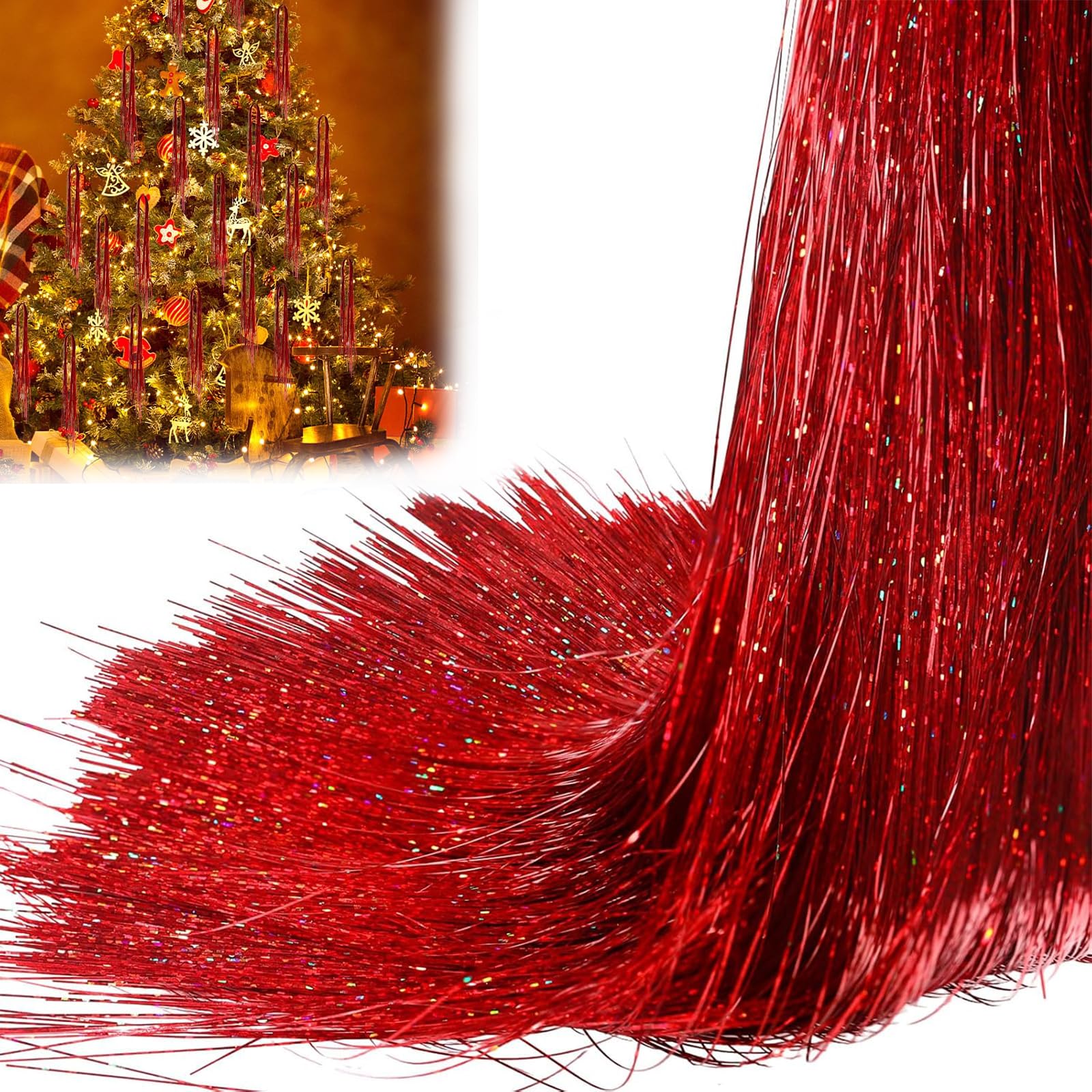 PXDUCN Christmas Tinsel, 3000 Strands Christmas Decor Tinsel Icicles, 50cm/19.7in Aluminum Foil Tassel Extra Long Tinsel, for Christmas Decorations, Christmas Tree Decorations (Red)