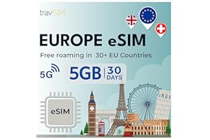 travSIM Europe eSIM | 5 GB Data with 4G/5G speeds | Free Roaming in UK, Switzerland, Turkey & The EU | Plan on eSIM for Europe is Valid for 30 Days