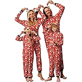 Ekouaer Christmas Onesie Matching Family Elk Antler Hooded Zipper One Piece Long Sleeve Pajamas with Pockets Snowman Red Women M