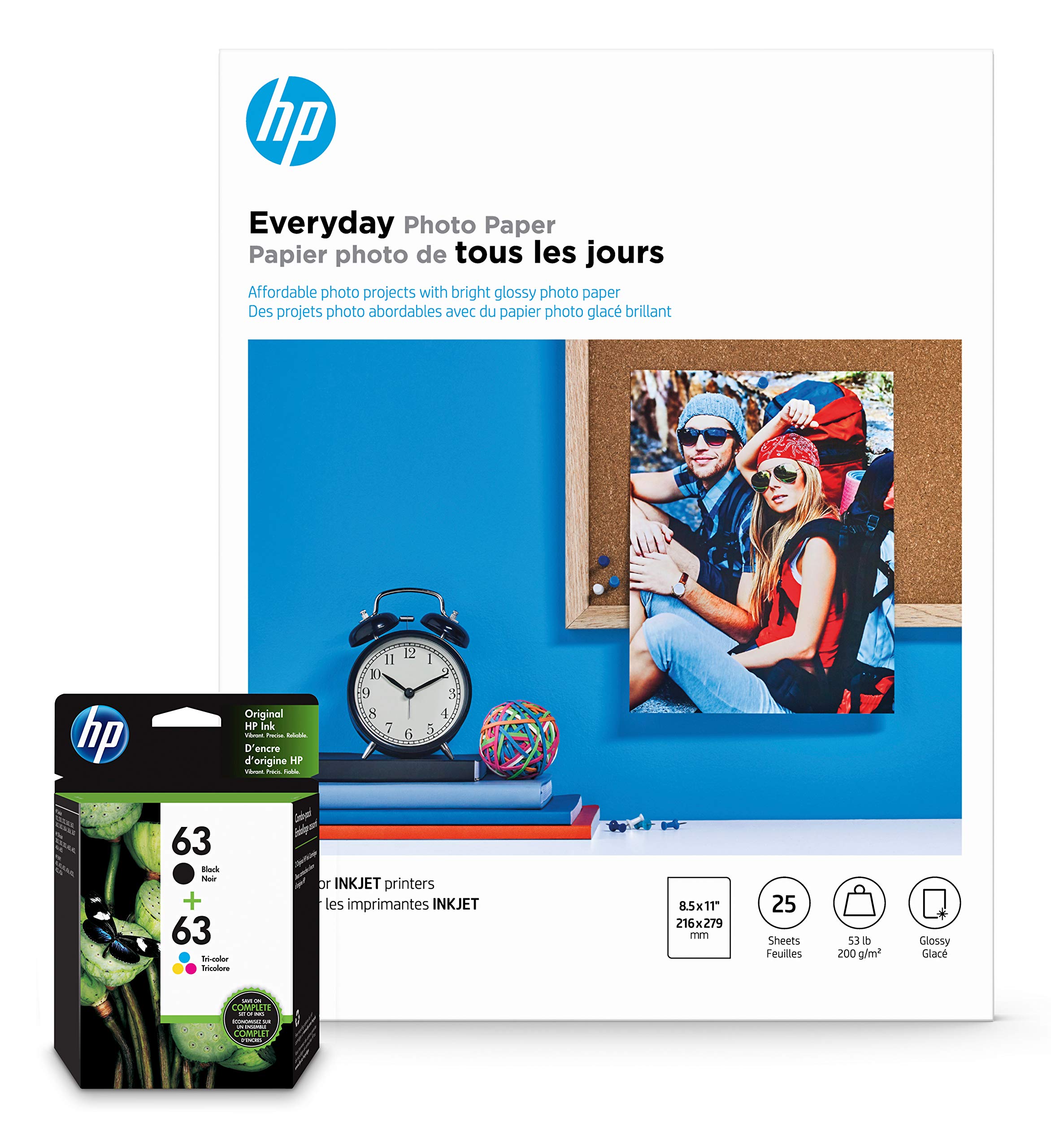 HP 63 Black & Tri-Color Inks + HP Everyday Photo Paper, Glossy, 25 Sheets, 8.5x11