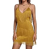 Umenlele Women's Layered Fringe Deep V Neck Cami Mini Dress Sleeveless Tassels Flapper Dresses
